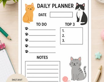 Printable Kids Daily Planner | Cat Themed Planner Page | 8.5x11" Daily Schedule for Kids | Cute Cat Planner | Instant Download