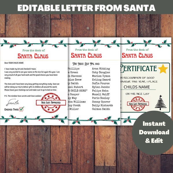 Personalized Letter From Santa | Printable Santa Template | Instant Download | Santa Claus Mail | Santa’s Nice List | Certificate | Kids