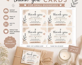 Neutral Printable Thank You Cards | Small Business Packaging Inserts | 4 Per Page PDF | Minimalist Thank You Cards | Instant Download