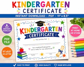 Kindergarten Urkunde Vorlage | Abschlusspreis für Kinder | Bearbeitbare PDF-Sofortdownload | 11x21.5 Vorschulabschluss