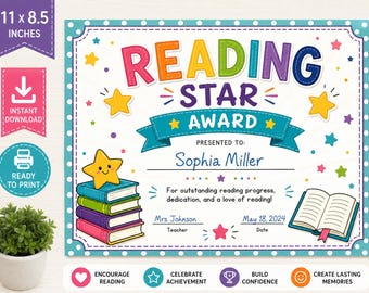 Reading Star Award Printable Certificate | Instant Download PNG | Reading Achievement | Classroom Reward | Teacher | 11x8.5 Certificate