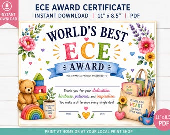 Printable ECE Appreciation Certificate | World’s Best ECE Award | Early Childhood Educator Gift | Instant Download PDF | Teacher Printable