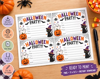 Halloween Party Invitations Printable | Kids Halloween Birthday Invite | 4 Per Page | Instant Download PNG | Fill In By Hand