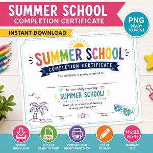 Op de afbeelding: Een printbaar zomerschool-diploma met kleurrijke tekst, een zon-icoon, een palmboomillustratie en een zonnebril. Het document bevat lijnen voor een naam, datum en handtekening van de leraar en meet 27,9 bij 21,6 cm.