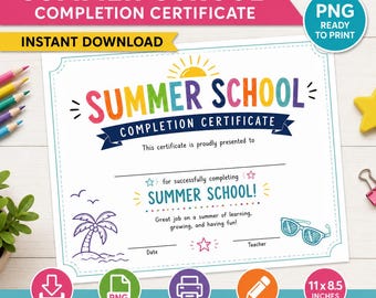 Summer School Abschlusszertifikat PNG | Printable Summer School Auszeichnung | Schülerbescheinigung | Sommerprogramm | Sofort Download