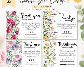 Small Business Thank You Cards | Order Cards | Customer Notes | Appreciation | Editable | Canva Template | Package Inserts | Floral | DIY