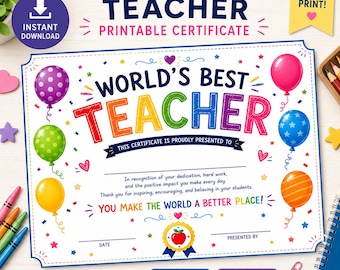 Weltweit bestes Lehrer-Zertifikat zum Ausdrucken, Bunter Lehrer-Anerkennungspreis, Sofort-Download PDF, bereit zum Drucken von Lehrergeschenk, 11x8,5