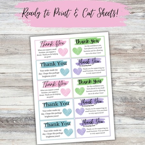 May include: Printable "Thank You" sheets featuring watercolour heart designs in pink, blue, and green. The sheets include the text "Ready to Print & Cut Sheets!" and thank you messages for supporting small businesses.