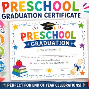 Può includere: Un colorato certificato di diploma prescolare con le parole "Preschool Graduation Certificate". Il certificato misura 27,9 x 21,6 cm e include un cappello di laurea, libri e una pergamena. Il testo recita "Perfetto per le celebrazioni di fine anno!"