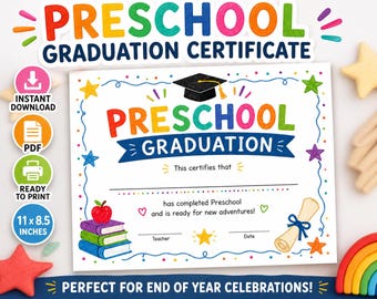 Vorschul-Abschluss-Zertifikat Printable | Sofortiger Download PDF | Druckbereit 11x21.5 | Pre K Diploma | Kindergarten-Abschlusspreis