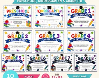 Schulabschlusszertifikats-Bundle | Vorschule Kindergarten & Klasse 1-8 Abschluss | Ausdruckbare Abschlussurkunden | Sofort Download