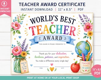 Druckbare Lehrer Wertschätzung Zertifikat | Bester Lehrer der Welt | Sofortiger Download PDF | Geschenk | Schulpreis zum Jahresende | 11x8,5