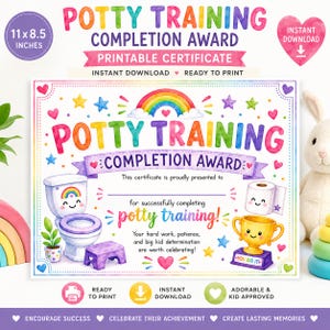Può includere: Un certificato stampabile di completamento dell'addestramento al vasino di 11 per 8,5 pollici. Il design presenta un arcobaleno, un water sorridente, un rotolo di carta igienica e un trofeo d'oro. Testo: Potty Training Completion Award.