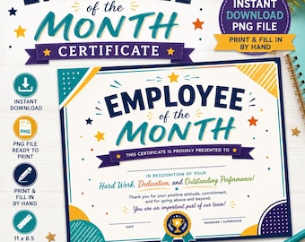 Employee of the Month Certificate PNG | Printable Employee Award | Staff Recognition | Workplace Appreciation | Instant Download | 11x8.5