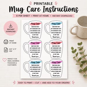 Op de afbeelding: Printbaar instructieblad voor mokverzorging met zes mokverzorgingsgidsen. Elke gids bevat een mokafbeelding met verzorgingsinstructies: alleen met de hand wassen, niet vaatwasser- of magnetronbestendig, extreme hitte vermijden en niet weken.
