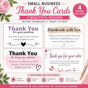 Op de afbeelding: Vier bedankkaarten met diverse ontwerpen en berichten, ideaal voor kleine bedrijven. Elke kaart meet 8,9 x 5,1 cm. De afbeelding toont de tekst "Thank You Cards" en benadrukt de "4 Beautiful Designs" en "Instant Download".