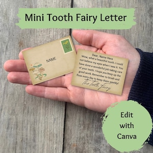 May include: A miniature letter from the Tooth Fairy, written on a vintage-style card with a mushroom illustration. The letter reads, "Dear, Name Here Wow, what a beautiful tooth. I could not believe my eyes when I saw it. You have done a wonderful job taking care of your teeth. I hope you keep up the good work. Remember to brush and floss every day to keep them sparkly! The Tooth fairy"