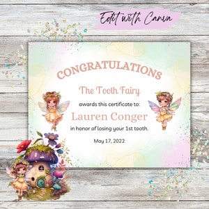 Tooth Fairy Certificate | First Lost Tooth | Editable | Custom | Fairy Mail | Printable | Instant Download | Letter | Certification | Girls