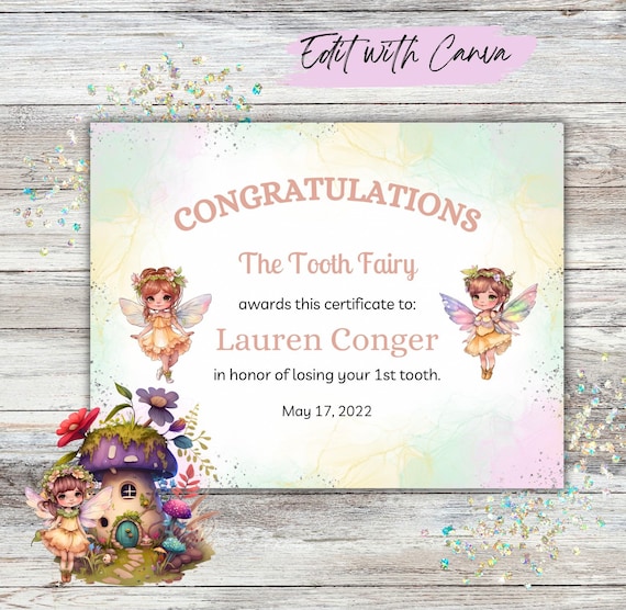Tooth Fairy Certificate | First Lost Tooth | Editable | Custom | Fairy Mail | Printable | Instant Download | Letter | Certification | Girls