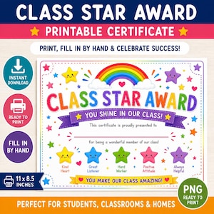 Class Star Award Certificate Printable | Instant Download PNG | Classroom Reward | Teacher Student Recognition | 11 x 8.5 Printable