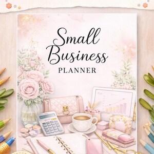 May include: A printable small business planner with the text "Small Business Planner" and "68-PAGE SMALL BUSINESS PLANNER". The image includes a calculator, a cup of coffee, and a pink purse. The planner measures 21.6 cm x 27.9 cm.