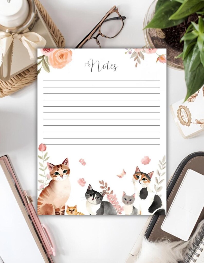 Printable Cat Themed Note Page | Cute Lined Notepaper | 8.5x11 ...
