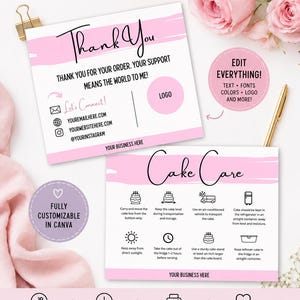 May include: Pink and white editable cake care and thank you card template. The design includes text that says "Thank You" and "Cake Care". The card is fully customizable in Canva and perfect for bakers and small businesses.
