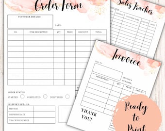 May include: Printable order form, sales tracker, and invoice templates with a pink watercolour background and gold glitter accents. The forms include sections for customer details, order status, delivery details, item description, quantity, price, discount, total, invoice number, due date, description, quantity, price, amount, customer name, quantity, and done.