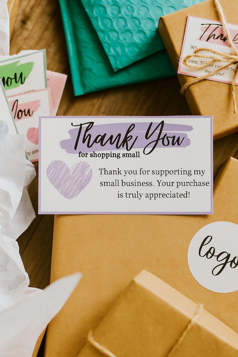 May include: An assortment of wrapped parcels and cards. The central card says "Thank You" with a heart illustration and the message "Thank you for supporting my small business. Your purchase is truly appreciated!"