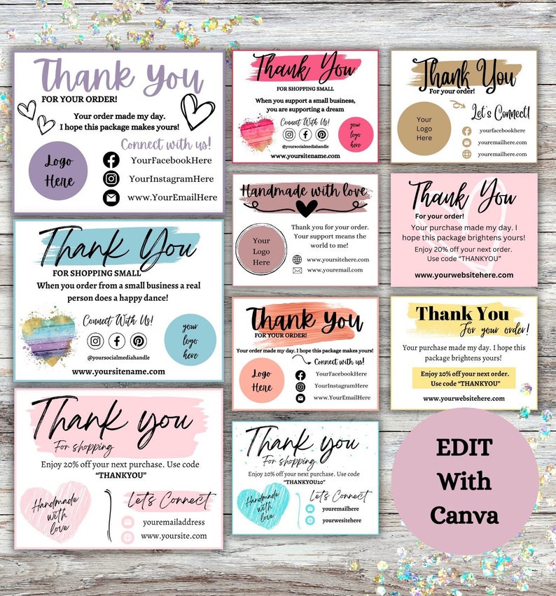 May include: A set of ten pink, blue and peach thank you cards with watercolour designs. The cards feature the text "Thank You" and include a logo placeholder, social media icons and a discount code. The cards are designed for small businesses to use as thank you notes for customers.
