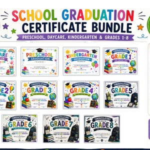 May include: A School Graduation Certificate Bundle with 11 certificates included. Certificates for Preschool, Daycare, Kindergarten, and Grades 1-8 are available as an instant PDF download. The certificates are 27.9 cm x 21.6 cm.