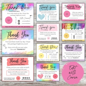 Tarjetas de agradecimiento para clientes de pequeñas empresas / Canva / Editables / Insertos de paquetes / Pedidos / Descarga instantánea / Nota de descuento / Tarjetas de agradecimiento