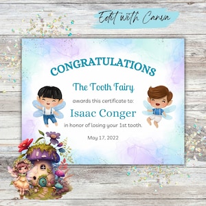 Lost Tooth Certificate | First Lost Tooth | Tooth Fairy Mail | Letter | Editable | Printable | Instant Download | Canva Template | Boy