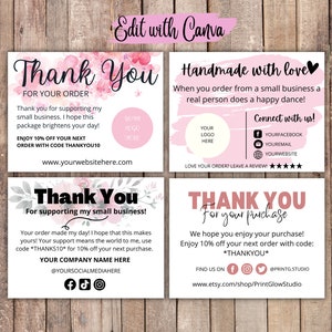 Pacote com 4 cartões de agradecimento | Cartão de agradecimento para pequenas empresas | Proprietário de loja Etsy | Encartes de pacote personalizados | Cartões de cliente para impressão | Arquivo digital