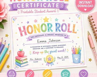 Honor Roll Certificate PNG | Printable Student Achievement Award | Academic Excellence | Teacher Printable | Instant Download | 11x8.5