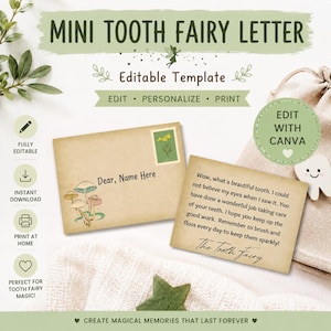 May include: A mini tooth fairy letter template with editable text. The design features a vintage-style envelope with a mushroom illustration and a handwritten note. The text reads "Dear, Name Here" and "The Tooth Fairy".