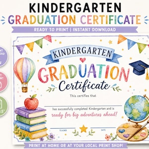 Könnte beinhalten: Bunte Kindergarten-Abschlussurkunde mit dem Text "GRADUATION CERTIFICATE". Das Design umfasst einen Heißluftballon, Bücher, einen Globus und eine Abschlusskappe. Die Urkunde ist 27,9 cm x 21,6 cm und druckfertig.