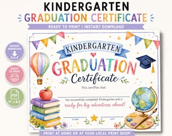Druckbare Kindergarten Abschluss Vorlage, Aquarell Urkunden für Kinder, Sofort Download PDF, Schulauszeichnung Jahresende, 11x8.5