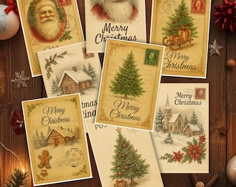 May include: A collection of vintage-style Christmas postcards. The postcards feature illustrations of Santa Claus, Christmas trees, snowy cabins, and churches. Each card has the words "Merry Christmas" and decorative stamps.