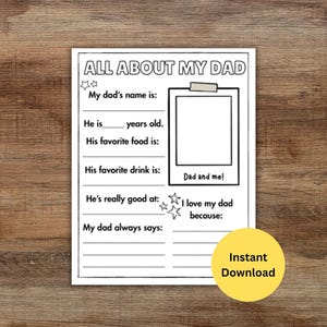 Father's Day Printable | All About my Dad | Instant Download | Gift for Dad | KIds Craft | DIY | PDF | Digital Download | Homemade |