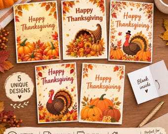 Printable Thanksgiving Cards Set of 5, 5x7 Folded Cards, Happy Thanksgiving Cards, Fall Greeting Cards, Instant Download PNG