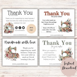 Cartão de agradecimento para pequenas empresas | Editável | Costura | Costureira | Notas de pacote | Cartões de cliente | Download instantâneo | Canva | Floral Water