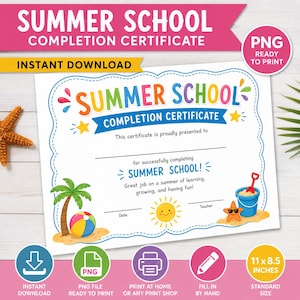 Summer School Completion Certificate PNG | Printable Summer School Award | End of Summer Program | Instant Download | Fill In by Hand