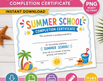 Summer School Abschlusszertifikat PNG | Printable Summer School Auszeichnung | Sommerprogramm | Sofortdownload | Handschriftlich ausfüllen