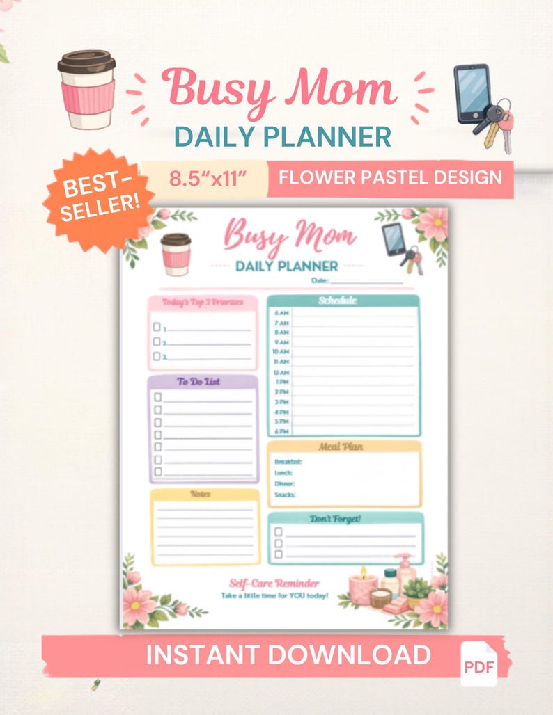 May include: A floral pastel design daily planner for busy moms. The planner includes sections for top priorities, a schedule, to-do lists, meal plans, notes, and reminders. The planner is 8.5" x 11" and available for instant download.