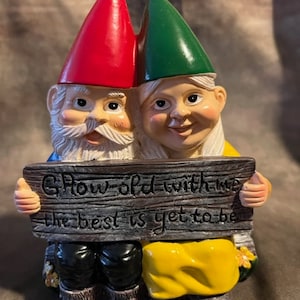 May include: A pair of gnomes sitting together holding a sign that reads "Grow old with me - the best is yet to be". The gnome on the left is wearing a red hat and the gnome on the right is wearing a green hat.
