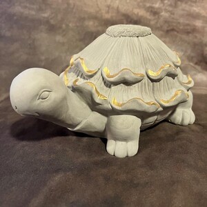 May include: A gray turtle-shaped decorative item with a textured shell and a small opening on top. The shell has gold accents along the edges. The turtle is made of a stone-like material and sits on a brown surface.