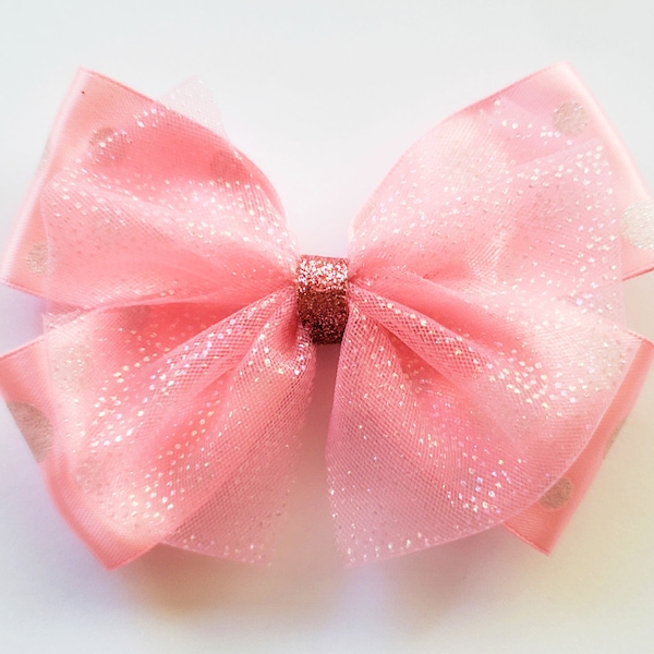 Pink whimsical polkadot tulle bow, Pink tulle bow, Pink bow.