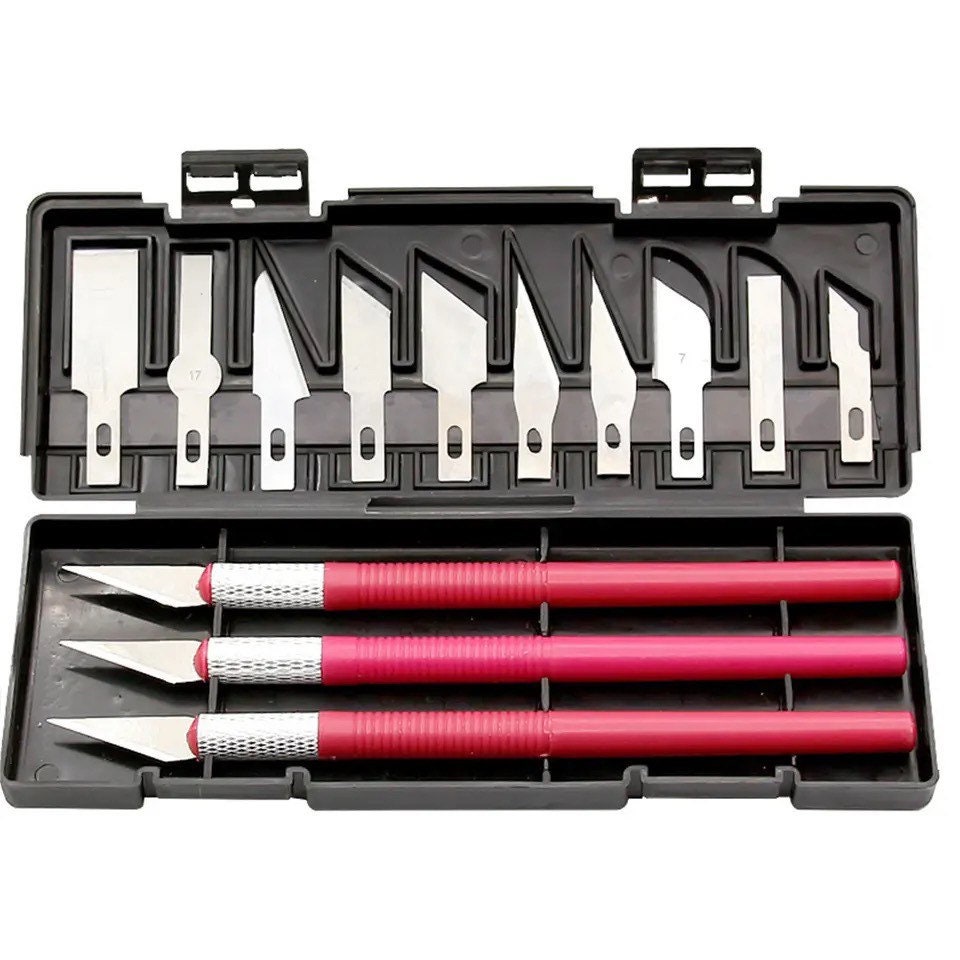16 Piece Hobby Craft Knife Set 13 knives & 3 Handles In Storage Box to cut  cardboard paper plastic cloth foam leather hobby craft project