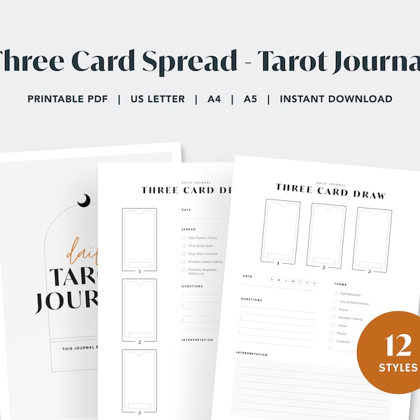 Tarot Journal Printable | Daily Three Card Spread Reading Workbook | A4, A5, US Letter, Minimalist, Instant Download PDF